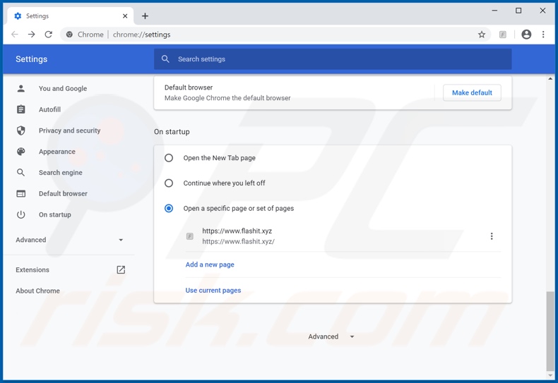 Eliminando flashit.xyz de la página de inicio de Google Chrome