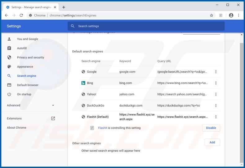 Eliminando flashit.xyz del motor de búsqueda predeterminado de Google Chrome