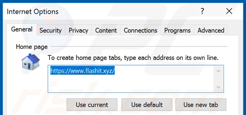 Eliminando flashit.xyz de la página de inicio de Internet Explorer