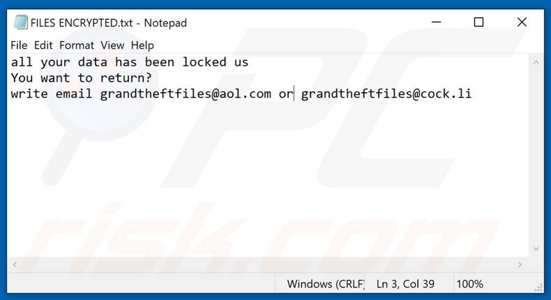 Archivo de texto de ransomware gtf (FILES ENCRYPTED.txt)