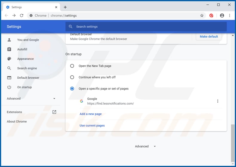 Eliminando find.lessnotifications.com de la página de inicio de Google Chrome