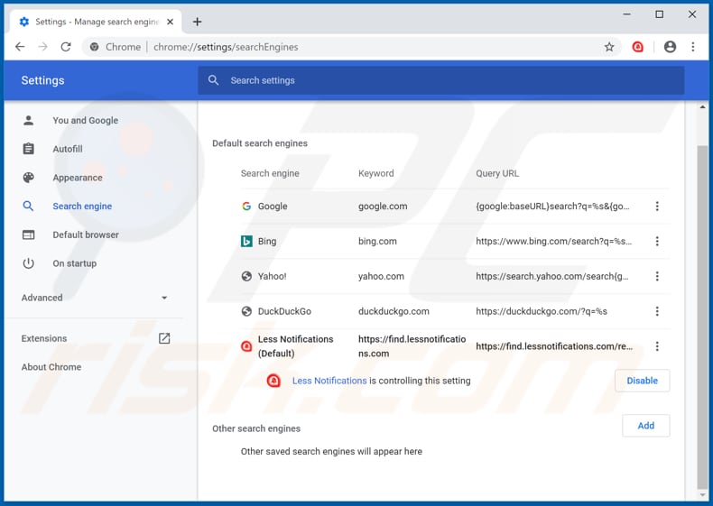 Eliminando find.lessnotifications.com del motor de búsqueda predeterminado de Google Chrome