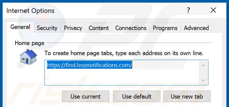 Eliminando find.lessnotifications.com de la página de inicio de Internet Explorer