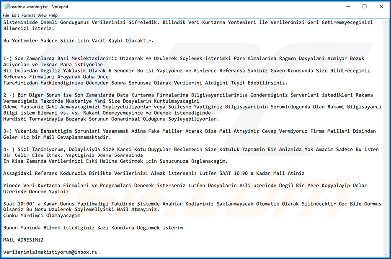 Nota de rescate en turco del ransomware Makop