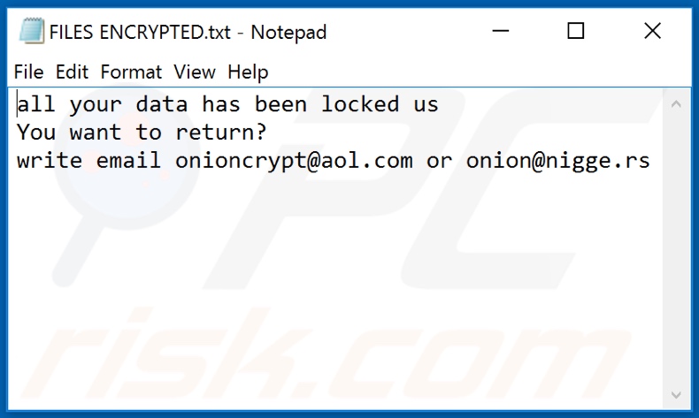 Archivo de texto ONION ransomware (FILES ENCRYPTED.txt)