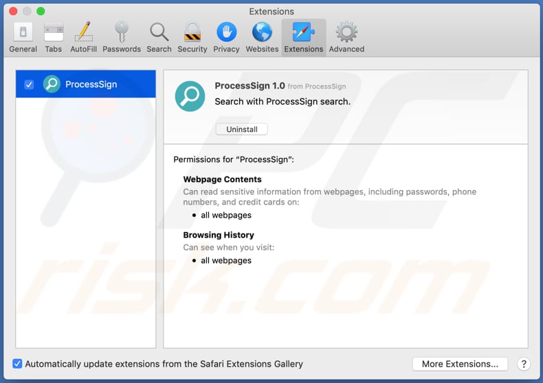 Adware ProcessSign instalado en Safari