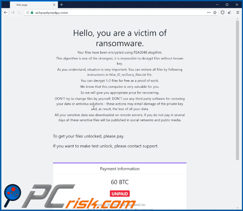 Apariencia del sitio web del ransomware pwndlocker