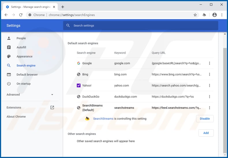 Eliminando feed.searchstreams.com del motor de búsqueda predeterminado de Google Chrome