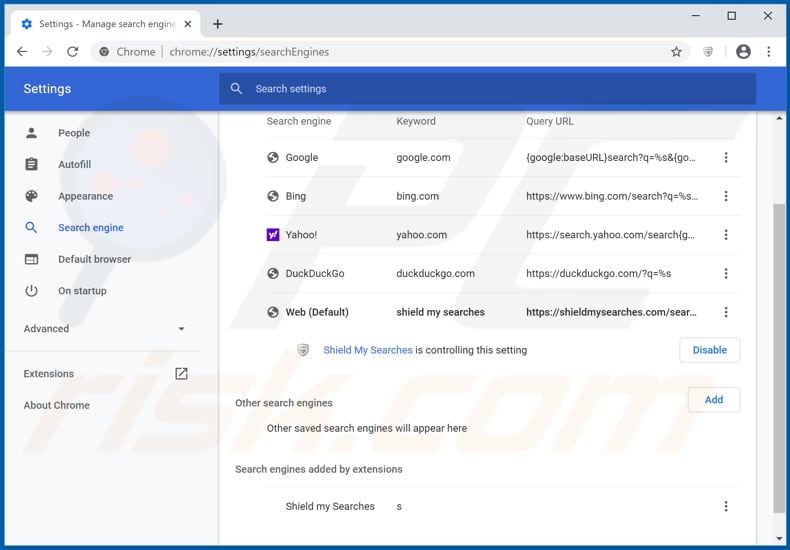 Eliminando search.shieldmysearches.com del motor de búsqueda predeterminado de Google Chrome
