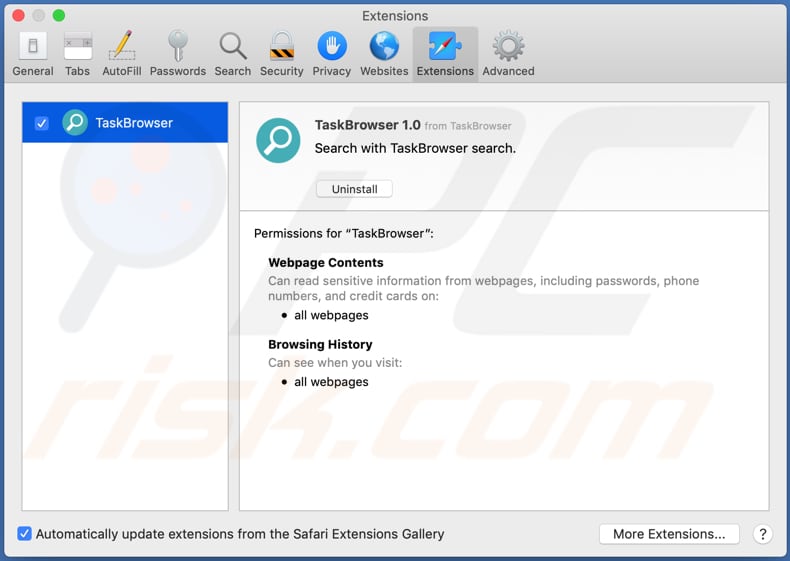 Adware TaskBrowser instalado en el navegador Safari