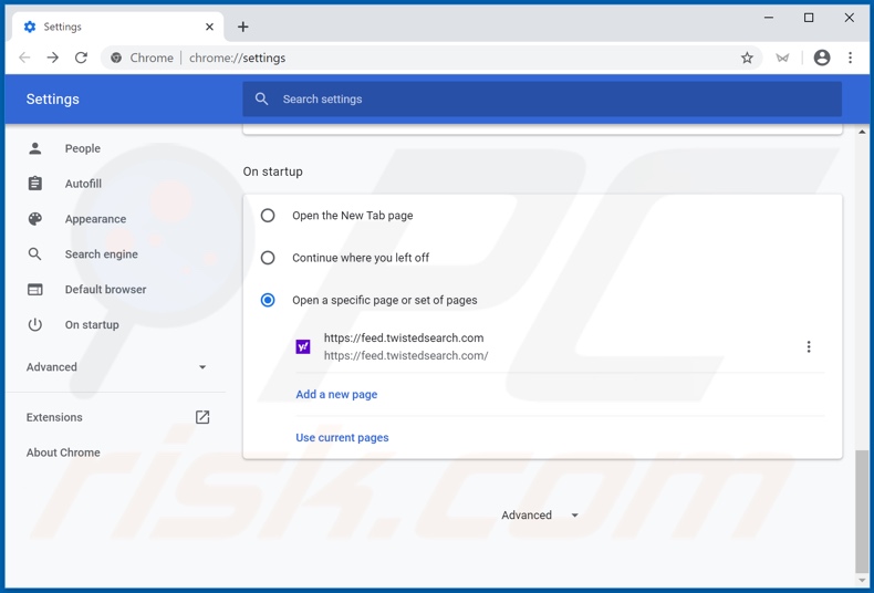 Eliminando feed.twistedsearch.com de la página de inicio de Google Chrome