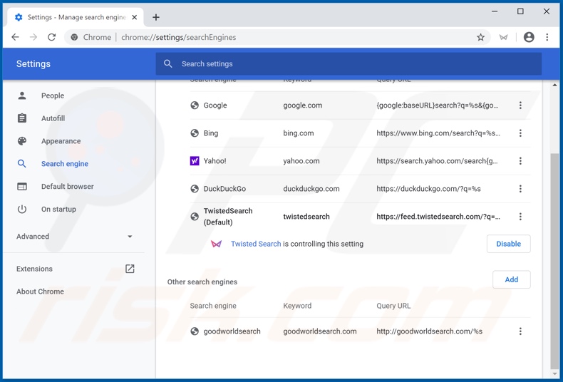 Eliminando feed.twistedsearch.com del motor de búsqueda predeterminado de Google Chrome