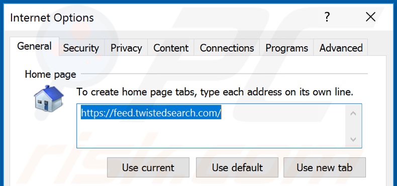 Eliminando feed.twistedsearch.com de la página de inicio de Internet Explorer