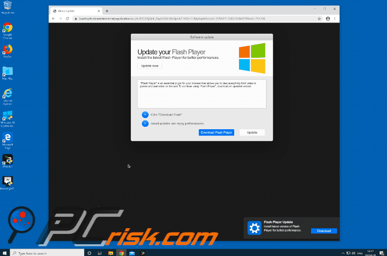 Sitio web engañoso que promociona un instalador falso de Adobe Flash Player (GIF)