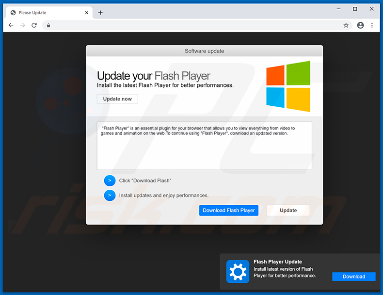 Sitio web engañoso que promociona un instalador falso de Adobe Flash Player