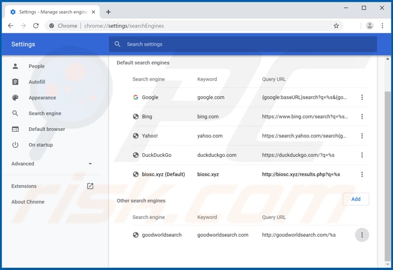 Eliminando biosc.xyz del motor de búsqueda predeterminado de Google Chrome