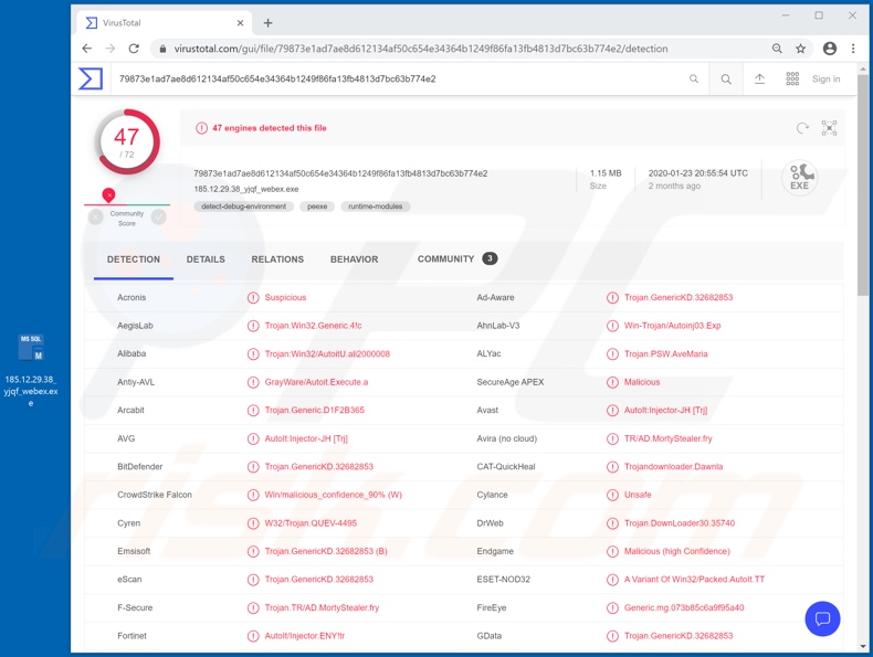 Detección de instalador falso de Cisco WebEx en VirusTotal