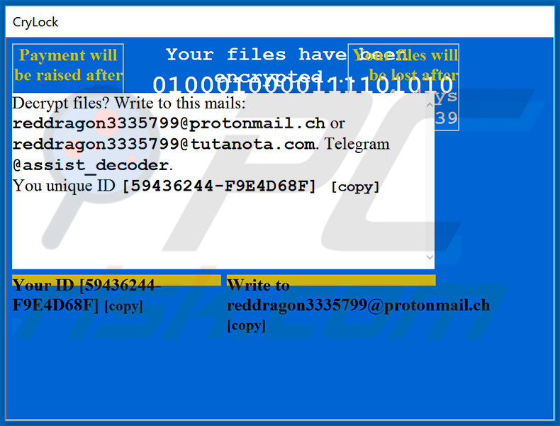 Ventana emergente mostrada por ransomware CryLock
