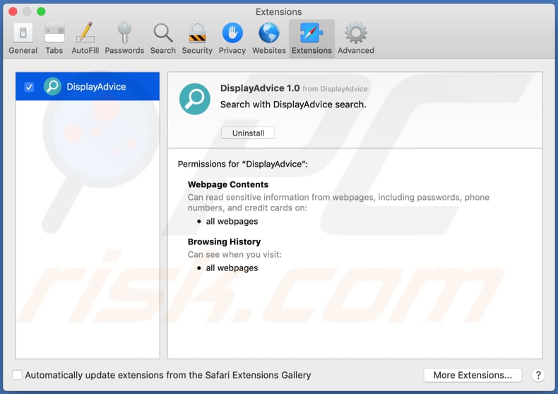 Extensión de Safari del adware DisplayAdvice