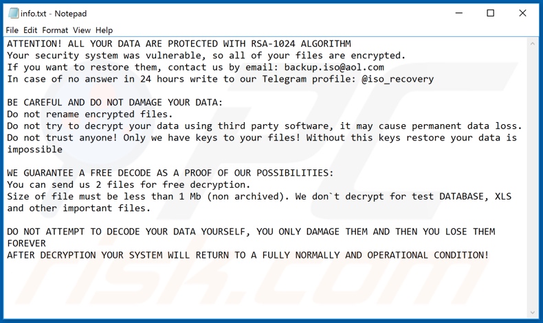 Nota de texto del ransomware .iso (Phobos) (info.txt)