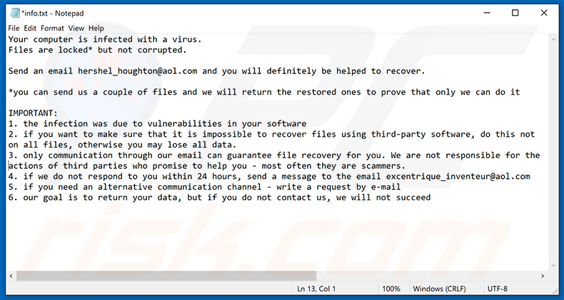 Archivo info.txt actualizado del ransomware Eight