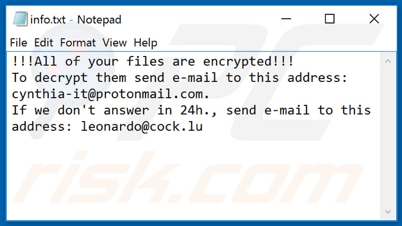 Eject archivo de texto de ransomware (info.txt)