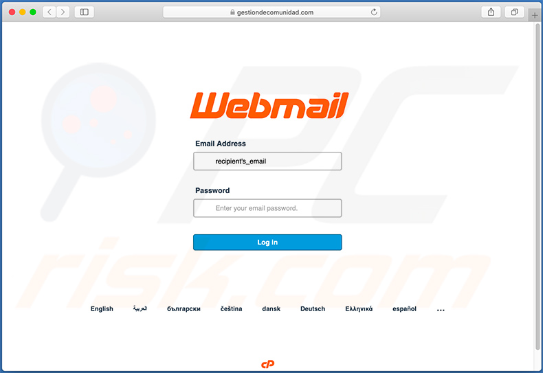 Sitio web phising de credenciales de email presentado como página de inicio de sesión de Webmail