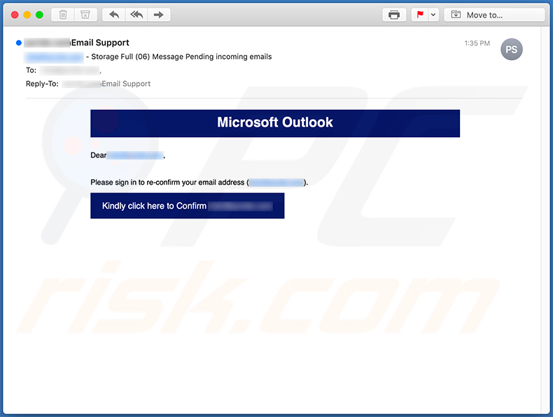 Email de phishing relacionado con Microsoft Outlook