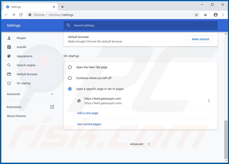 Eliminando galaxyspin.com de la página de inicio de Google Chrome