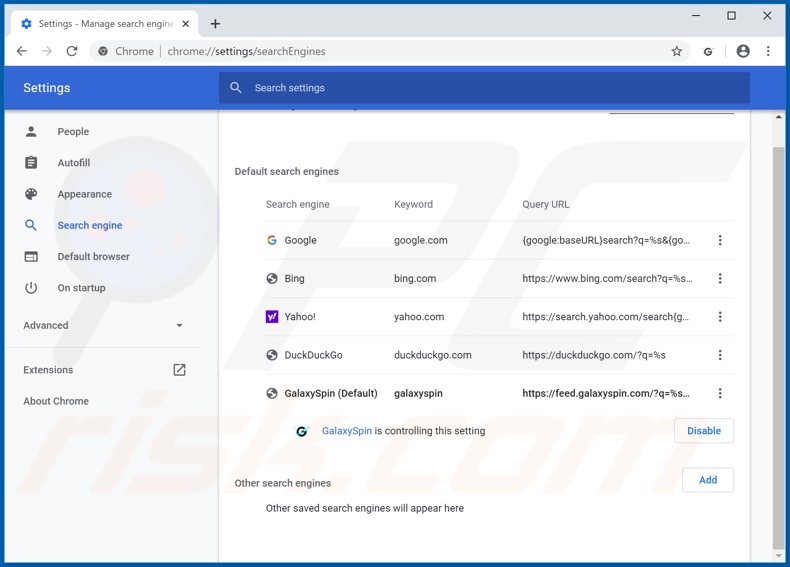 Eliminando galaxyspin.com del motor de búsqueda predeterminado de Google Chrome