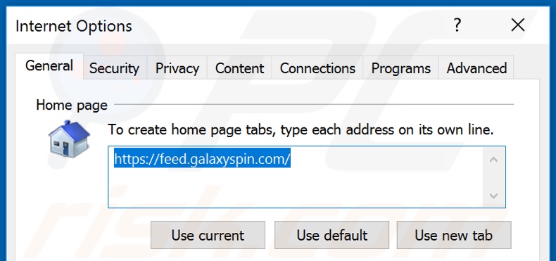 Eliminando galaxyspin.com de la página de inicio de Internet Explorer