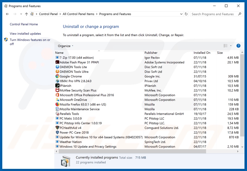 Desinstalación del secuestrador del navegador GalaxySpin a través del Panel de Control