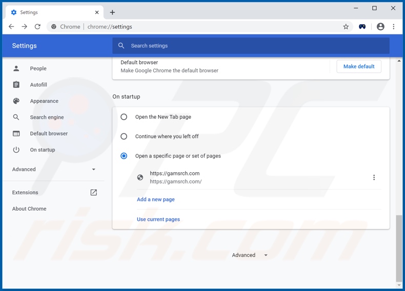 Eliminando gamsrch.com de la página de inicio de Google Chrome
