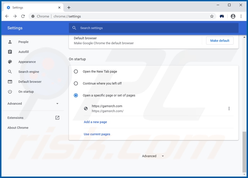Eliminando gamsrch.com de la página de inicio de Google Chrome