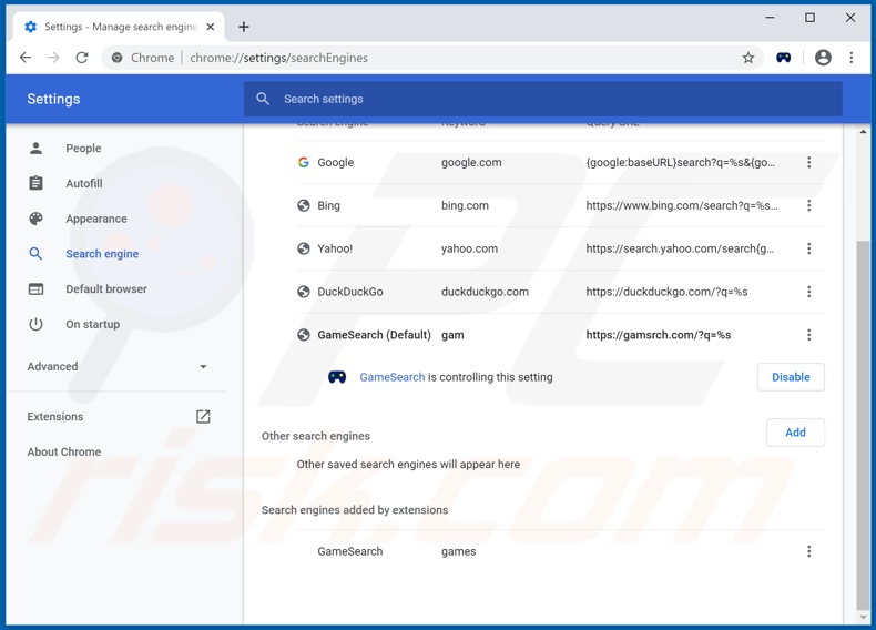 Eliminando gamsrch.com del motor de búsqueda predeterminado de Google Chrome