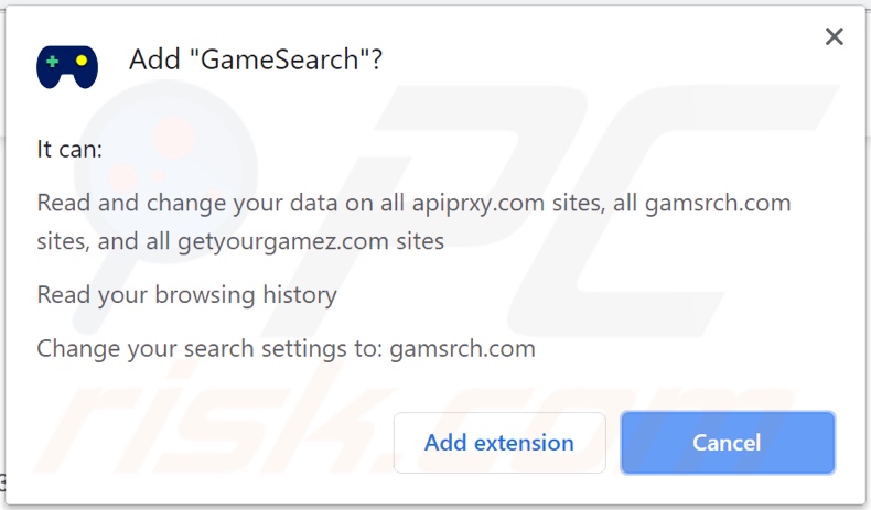 Secuestrador de navegador GameSearch solicitando permisos
