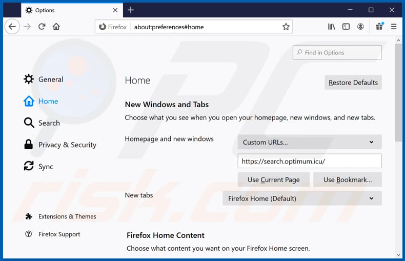 Eliminando la dirección no deseada de la página de inicio de Mozilla Firefox