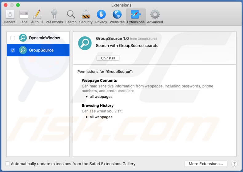 Extensión de safari de adware GroupSource