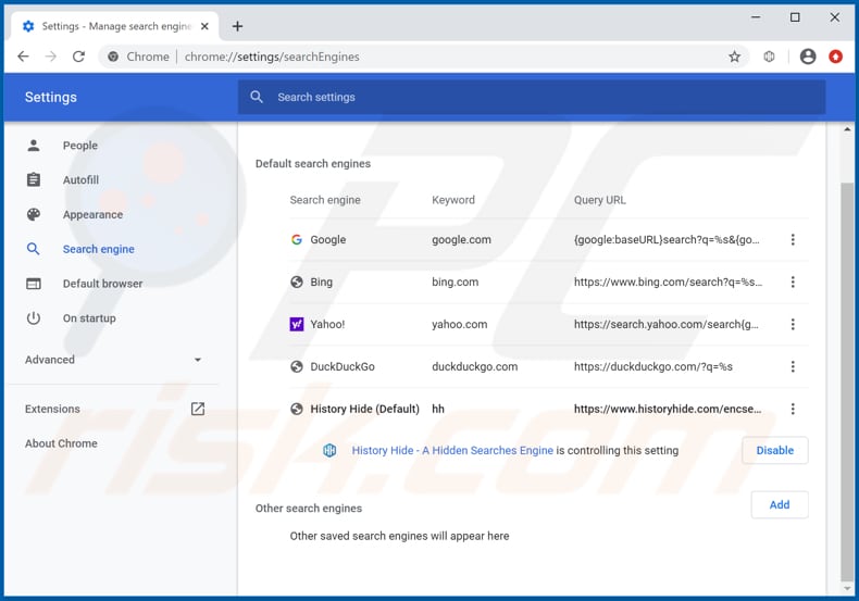 Eliminando historyhide.com del motor de búsqueda predeterminado de Google Chrome