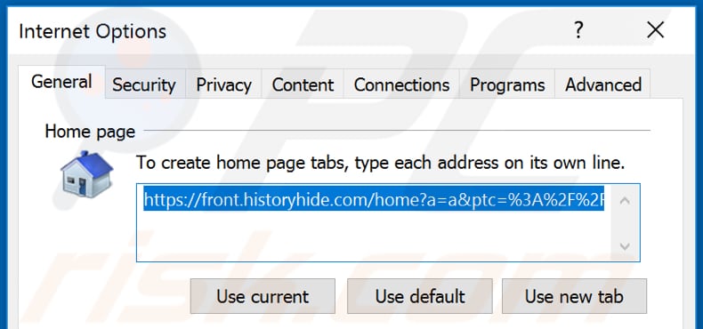 Eliminando historyhide.com de la página de inicio de Internet Explorer