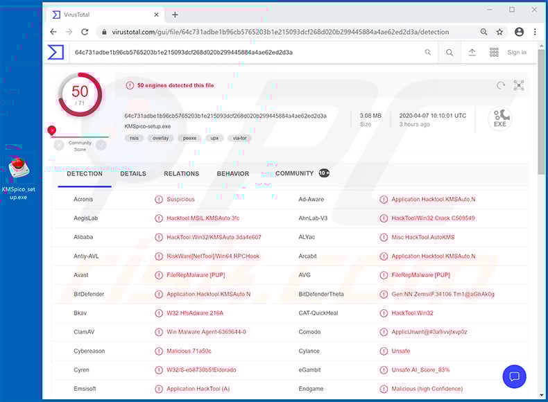 Detecciones del activador malicioso KMSPico en VirusTotal