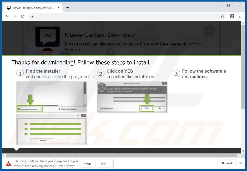 Sitio web utilizado para promocionar el adware MessengerSpot