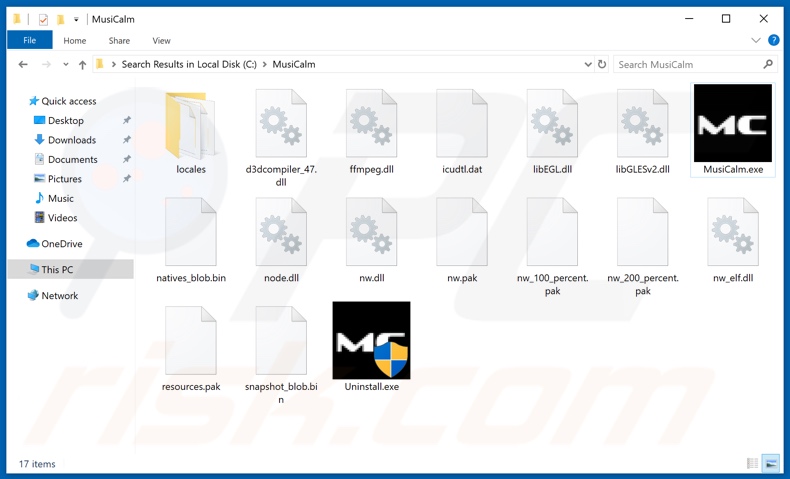 Carpeta de instalación de adware MusiCalm