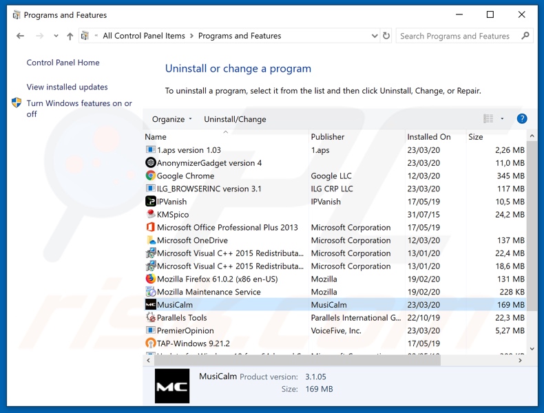 Desinstalar el adware MusiCalm a través del Panel de Control