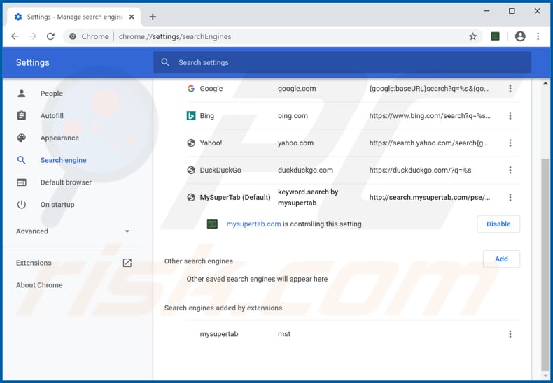 Eliminando mysupertab.com del motor de búsqueda predeterminado de Google Chrome