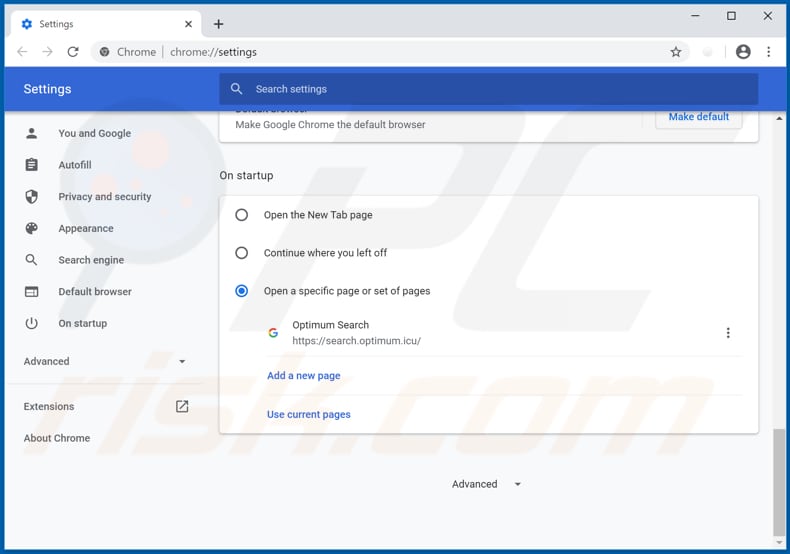 Eliminando search.optimum.icu de la página de inicio de Google Chrome