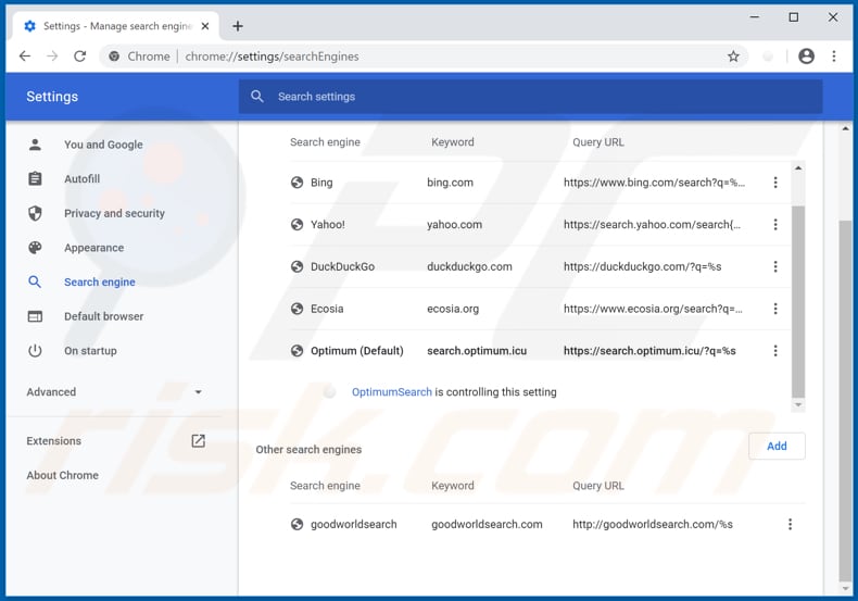 Eliminando search.optimum.icu del motor de búsqueda predeterminado de Google Chrome