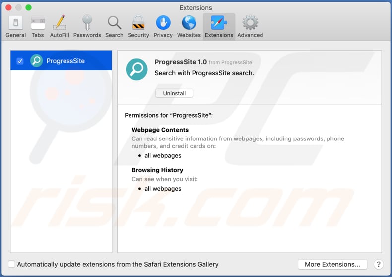 Extensión de adware ProgressSite en el navegador Safari