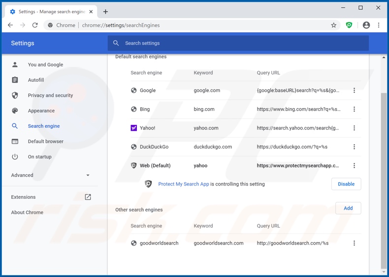 Eliminando protectmysearchapp.com del motor de búsqueda predeterminado de Google Chrome