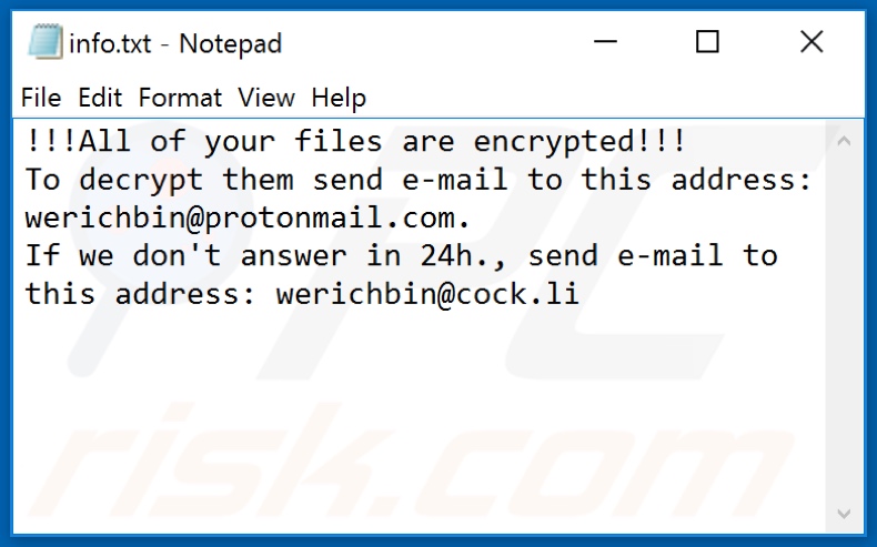Archivo de texto del ransomware Revon (info.txt)